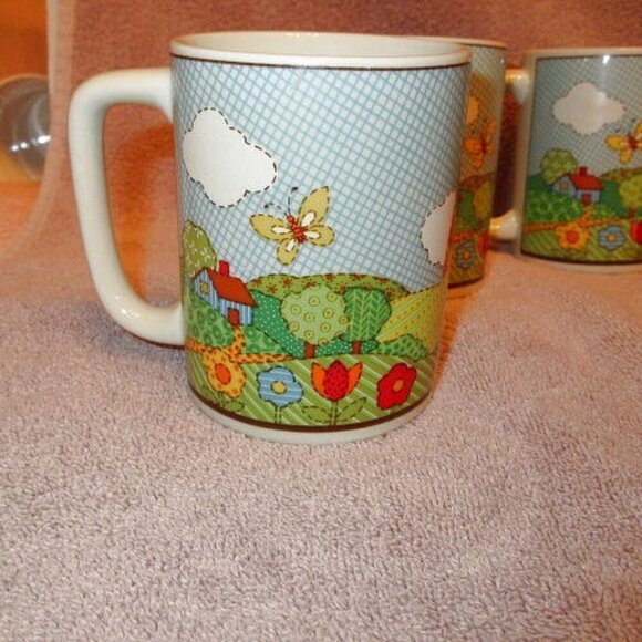 SET OF 6 Vintage OTAGIRI Butterfly RAINBOW Coffee MUGS Cross Stitch HOUSE Bird - Picture 5 of 10
